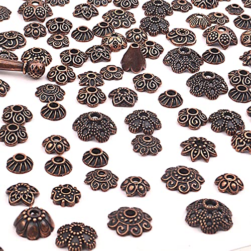 Jdesun 120 Gram Mixed Styles Bead Caps Tibetan Alloy Flower Caps Spacer Beads Jewelry Accessories for DIY Necklace Bracelet Crafts, Antique Red Copper - color: Red Copper