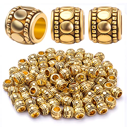 BronaGrand 100pcs Antique Gold Large Hole Spacer Beads Tibetan Alloy European Barrel Beads Loose Charms for DIY Necklace Bracelets Jewelry Making Accessories, 7 mm x 6 mm, Hole: 4 mm - color: Gold