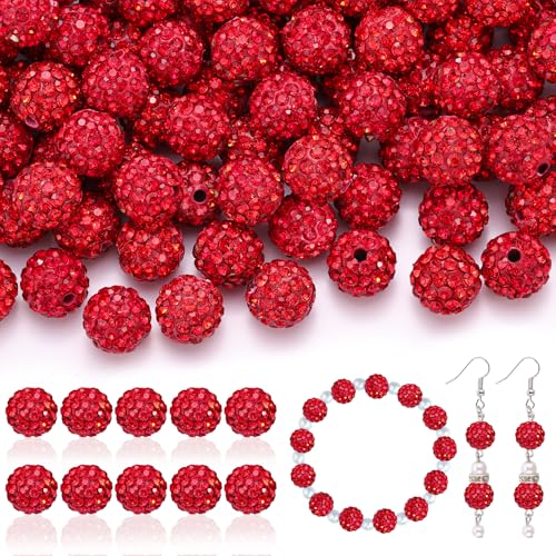 200pcs 10mm Rhinestone Beads for Jewelry Making, Red Shiny Round Disco Ball Beads Bulk, Sparkle Crystal Clay Christmas for Bracelet Baseball Necklace Earring Crafting and DIY - color: Red, size: 200 Pcs