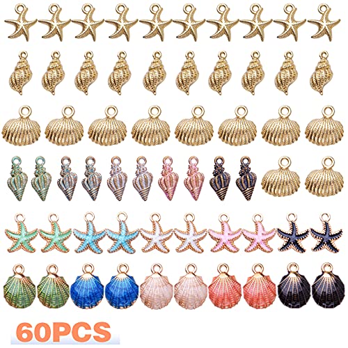 60pcs Alloy Ocean Starfish Seashell Conch Charms Colorful Enamel Ocean Life Sea Animal Pendants Charms Craft Supplies for Woman DIY Jewelry Making Birthday Wedding Party Favor Gifts