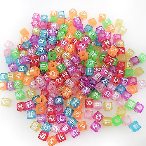 200+ Pieces 7x7mm Colorful White Cube Acrylic Alphabet Zodiac Charms Constellation Beads Mixed Plastic Shape Loose Beads forJewelry Making Bracelets Necklaces Key Chains (White on Colorful) - size: White on Colorful