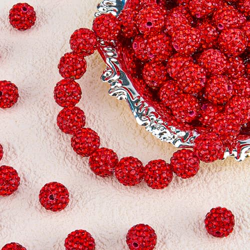 100Pcs 10mm Red Rhinestone Beads for Jewelry Making, Shiny Round Disco Ball Sparkly Beads Bulk with 10-Grid Storage Box for DIY Baseball Necklaces Shamballa Bracelets - color: Red