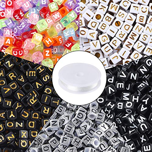 Augshy 1400pcs 5 Color Acrylic Alphabet Beads for Bracelets Making, Letter Beads with 1 Roll 10M Crystal String Cord for Jewelry Making（6mm） - color: 5colors B