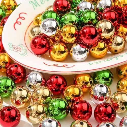 20mm Acrylic Beads 100pcs Christmas UV Color Bead Xmas Color Opaque Beads for DIY Bead Pen (uv Xmas) - color: golden&silver&green&red