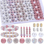 AIPRIDY Jewelry Making Beads Set, 300 PCS 10mm Rhinestone Clay Beads, 8mm Mixed Color Spacer Beads with Pearl and Floral Beads for DIY Jewelry Making (White + Pink Series) - color: White + Pink Series