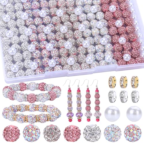 AIPRIDY Jewelry Making Beads Set, 300 PCS 10mm Rhinestone Clay Beads, 8mm Mixed Color Spacer Beads with Pearl and Floral Beads for DIY Jewelry Making (White + Pink Series) - color: White + Pink Series