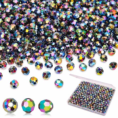 BONNY BOXX 1000pcs 6mm Acrylic Faceted Round Crystal Beads Transparent Black AB Loose Spacer Craft Beads for DIY Bracelet Necklace Earring Keychain Jewelry Making Bags Decoration - color: Transparent Black AB, size: 6MM