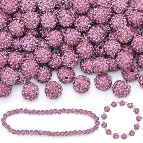 100 Pcs Light Purple Rhinestone Beads for Jewelry Making, Sparkle Crystal Clay Christmas for Bracelet Baseball Necklace Earring Crafting and DIY, Shiny Round Shamballa Disco Ball Beads Bulk - color: Light Purple, size: 100 pcs