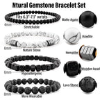 Men’s Hematite Bracelet Set Boho Multi - Tiger Eye/Matte Agate/Lava Rock Gifts for Birthday/Anniversary/Christmas - color: F01 Howlite