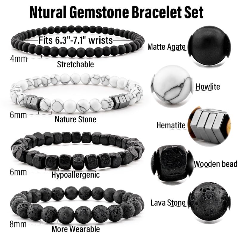 Men’s Hematite Bracelet Set Boho Multi - Tiger Eye/Matte Agate/Lava Rock Gifts for Birthday/Anniversary/Christmas - color: F01 Howlite