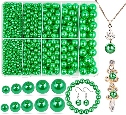 Pearl Beads for Jewelry Making, 1750pcs Grassy Green Pearl Craft Bead with Hole - 4mm, 6mm, 8mm, 10mm, 12mm Loose Spacer Bead for Necklace, Bracelet, Earrings, Ring, Choker, Wedding Dress Decor - color: Green