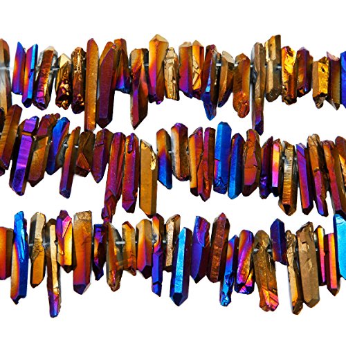 SUNYIK Purple/Gold/Blue Titanium Coated Crystal Points Quartz Rough Sticks Spikes Point Beads 15 inch Strand Drilled - color: Purple/Gold/Blue(Rough), size: 0.4"-1.3"