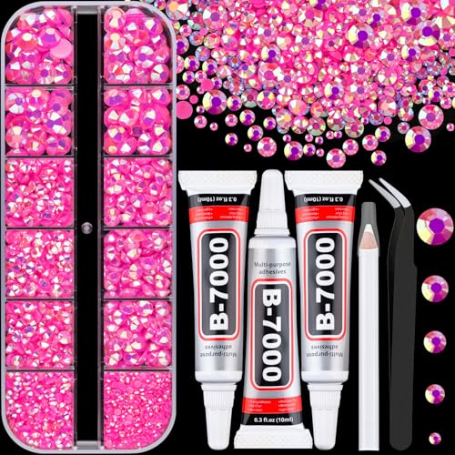 Resin Rhinestones for Crafting with 3Pcs 10ml B7000 Jewelry Glue, 1 Box Hot Pink AB Flatback Gems Crystals Diamond for Bedazzling Crafts DIY Nail Art Makeup, Gems for Clothing Tumblers Shoes - color: Hot Pink AB, size: 1 Small Pack + 3pcs Glue