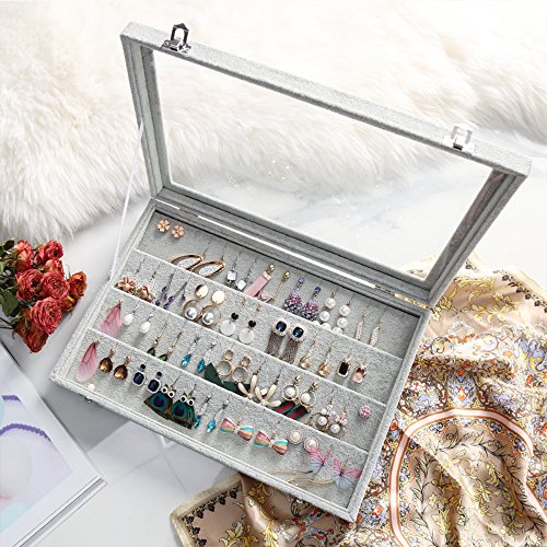 Wudygirl Velvet Jewelry Organizer Clear Lid Earring Holder Organizer 32 Pairs Earrings Storage Stud Tray Showcase Display Case（Earring Storage） - style: Earring Tray