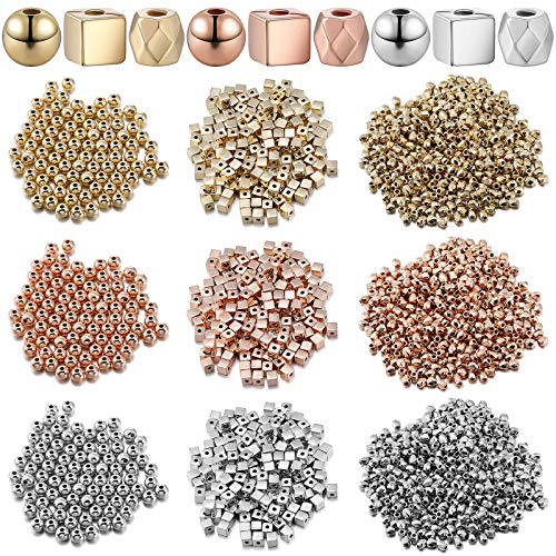 3000 Pieces Assorted Spacer Beads Include 1500 Faceted Rondelle Cube Column, 900 Round Ball, 600 Square Charm Loose Spacer Bead for DIY Jewelry (Gold, Sliver, Rose Gold) - color: Silver