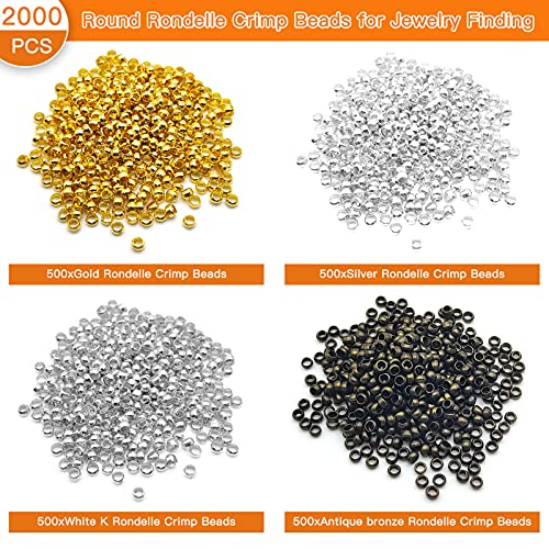 2000Pcs Round Rondelle Crimp Beads for Jewelry Finding,Tiny Crimps Stopper Beads Clamp Caps End Stopper Tiny Brass Spacer Beads 1.5mm Hole for DIY Jewelry Making,Bracelet Necklace Earring - color: 2000pcs;Gold,Silver,White K,Antique bronze