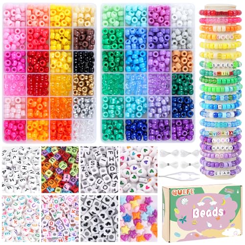 QUEFE 1900pcs,48 Colors, Pony Beads Bracelet Making Kit, Rainbow Kandi Beads Friendship Bracelet Kit, Letter Beads For Jewelry Making with Elastic Strings for Bracelet Necklace Making, Craft Gifts Set - color: 48 colors