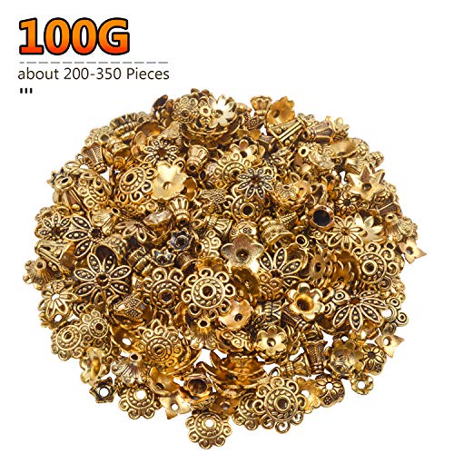 BronaGrand 100 Gram(About 250-350pcs) Bali Style Jewelry Making Metal Bead Caps Deluxe New Mix,Antique Gold - color: Antique Gold