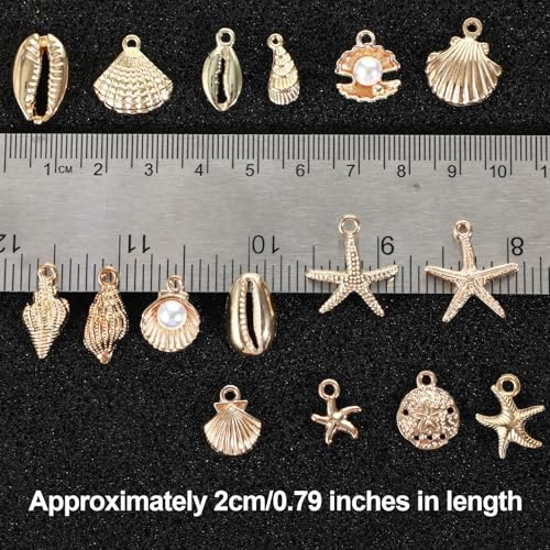16Pcs Beach Charms, Summer Pendant Starfish Seashells Conches Ocean Charms for Jewelry Making, Alloy Charm Pendants for Bracelets Necklaces Earrings Keychain DIY Crafts Accessories, Gold