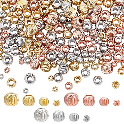 BENECREAT 192Pcs 4-Size Real 18K Gold Plated Spacer Beads, Gold, Rose Gold, Silver Round Metal Beads for Necklaces, Bracelets and Jewelry Making, 16Pcs/Style - color: 3 Colors