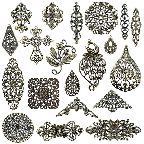 metulip 120Pcs Antique Bronze Filigree Connectors Tibetan Metal Filigree Charms Pendants Links Vintage Filigree Embellishments for Craft DIY Earrings Hairpin Necklace Jewelry Making