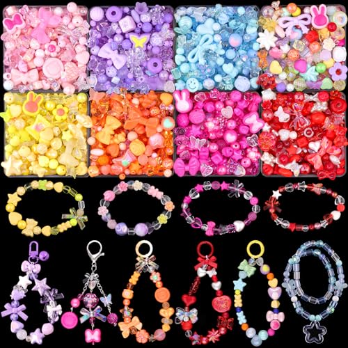 500-550PCS TINKRSTUFF Assorted Acrylic Beads,Mixed Cute Beads for Bracelet Making, Aesthetic Flower Bow Butterfly GummyBear Star Kawaii Charms for Jewelry Necklace Making DIY Keychain Phone Charm Bulk - color: 320g-8 Color Series-Pink+Blue+Purple+Orange+R