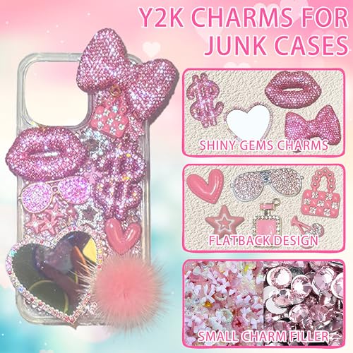 Gehaiwo Pink Junk Case Charms Kit, Junks Phone Cases with Rhinestone Accessories and Full Diamond Bow Lips Dollar Sign Pom Resin Kits Mirror with DIY Phones Decorations