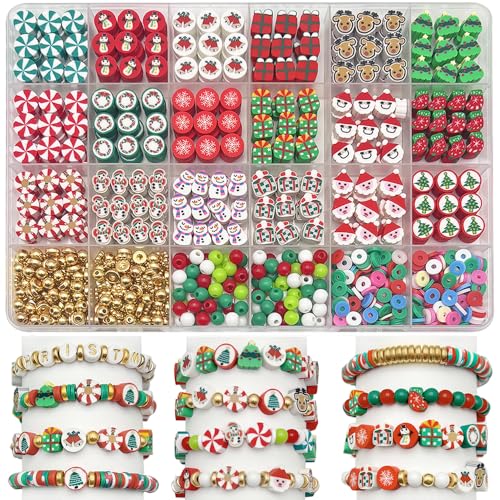 730pcs Christmas Polymer Clay Beads Bracelet Making Kit, Gold Beads Clay Bead Charms for Jewelry Making DIY Bracelet, Necklace, Earring, Christmas Charms Arts Crafts DIY Gifts - color: 1 Christmas model