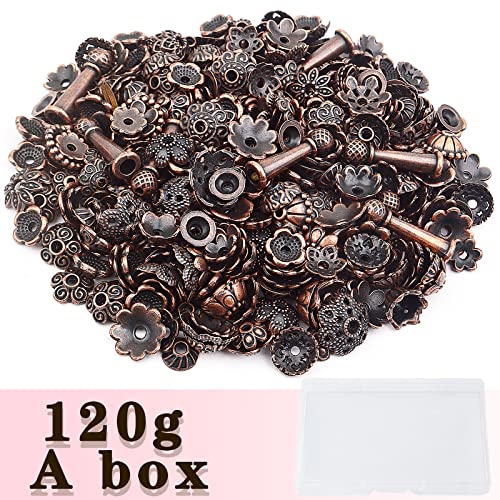 Jdesun 120 Gram Mixed Styles Bead Caps Tibetan Alloy Flower Caps Spacer Beads Jewelry Accessories for DIY Necklace Bracelet Crafts, Antique Red Copper - color: Red Copper