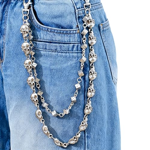 Layered Punk Pants Chain for Men Women, Gothic Hip Hop Jean Chain Wallet Chain Biker Trouser Chain, Goth Emo Fashion Keychain Accessories - color: 2L-Skulls Chain
