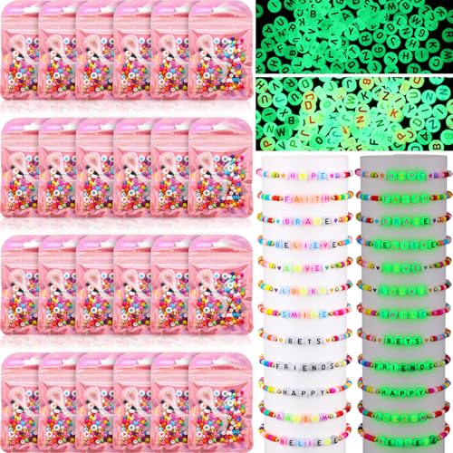 Kenning 24 Set Friendship Bracelet Making Kits Glow in The Dark Letter Beads DIY Jewelry Supplies Colorful Various Beads Set Personalized Bracelet for Wedding Birthday Gift Craft Wrapped