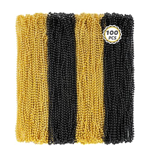 Huskein 100 PCS New Years Beads Bulk, 33" Mardi Gras Beads Necklaces, Congrats Grad Beads Necklaces, Blackgold Parade Supplies Graduations Party Beads Party Accessories Set Favors - color: Blackgold