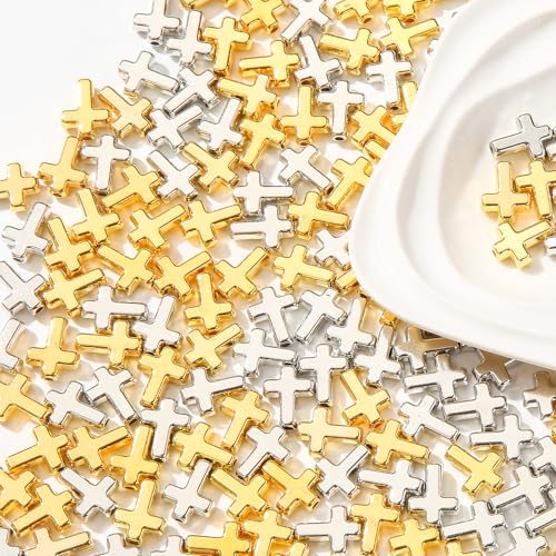 300pcs Cross Beads Gold&Silver Crosses Spacer Bead Bulk for DIY Crafting Necklace Bracelet Jewelry Making Keychain (Golden&Silver) - color: golden&silver