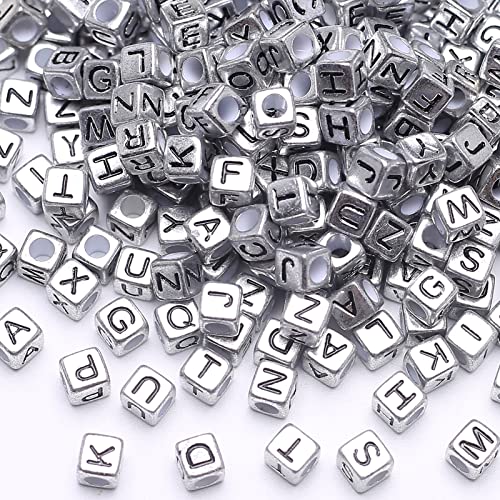 1000pcs Black Alphabet Silver-Metallic-Color Cube Bead Retro Square Letter Beads Vintage Silver Cube Alphabet Large Hole Beads Letter “A-Z”Square Bead for DIY Craft - color: Vintage silver-black(6mm)