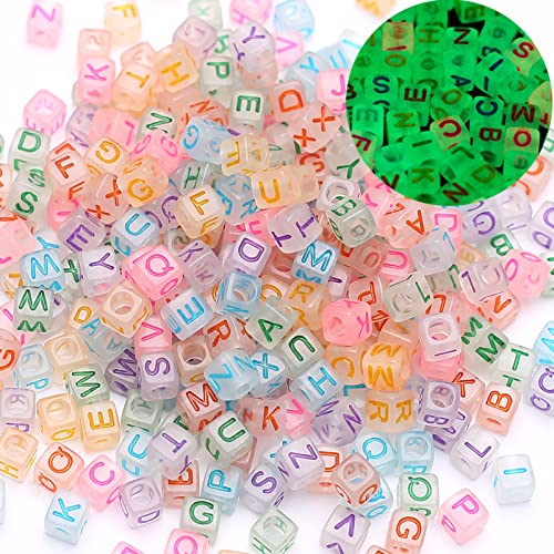 1000Pcs Transparent Acrylic Square Letter Beads Acrylic Cube Beads Luminous Glow in The Dark Glow Letter Beads Cube Beads Glow in The Dark Beads for Jewelry Making, Bracelets - color: Glow-color(6mm)