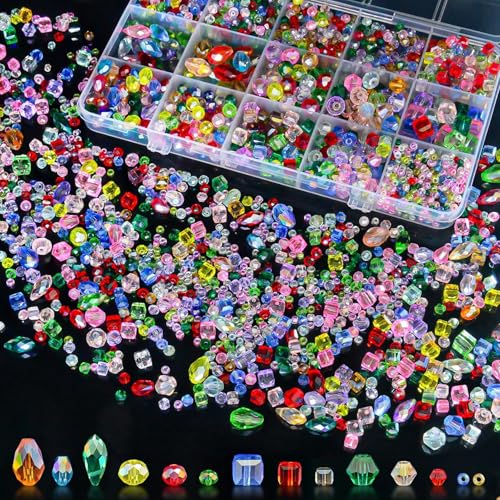 1500 Pcs Crystal Glass Beads for Jewelry Making – 12 Styles Bicone, Rondelle, Cube, Teardrop & 3mm Spacer Beads, DIY Bracelet Necklace Earring Craft Kit Random Colors(Multicolored) - color: multicolored
