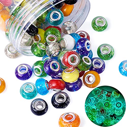 Beadthoven 100pcs Glow in The Dark Beads Handmade Luminous Lampwork Style Large Hole European Beads with Silver Tone Brass Cores Mixed Color Rondelle Glass Beads 14x9-10mm Hole: 5mm - color: Glow in the Dark Mixed Color