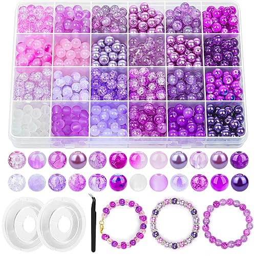 PAXCOO 720pcs Glass Beads for Jewelry Making 8mm, 24 Colors Bead Bracelet Making Kit Purple Round Loose Beads for Bracelet Earring Necklace Jewelry Making Supplies - color: Purple