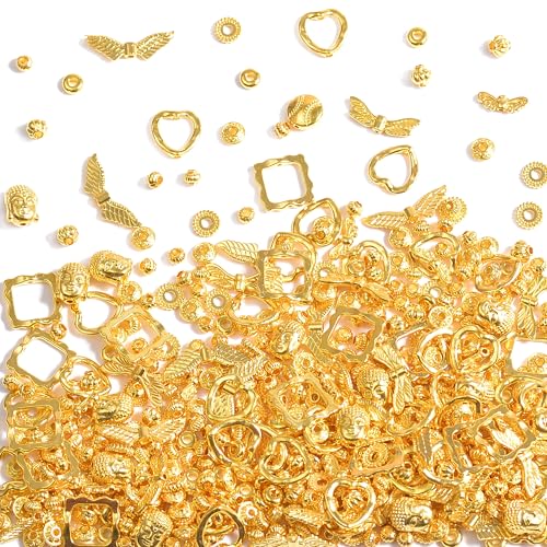 400Pcs Metal Spacer Beads for Jewelry Making, Silver & Gold Plated Findings for Bracelet, Small Hole, Mixed Style (Gold Plated) - color: Gold