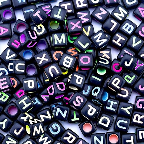 800Pcs Black and Colorful Square Letter Beads A-Z, 6X6mm Acrylic Alphabet Beads for Friendship Bracelets Making - color: Colored Letters Black Beads