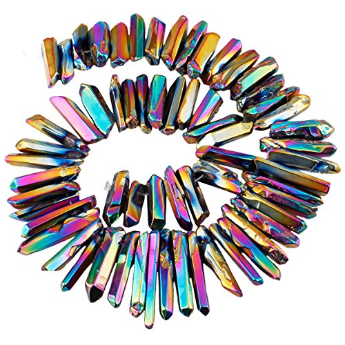 SUNYIK Rainbow Aura Titanium Coated Crystal Points Quartz Polished Sticks Spikes Point Beads 15 inch Strand Drilled - color: #3-Rainbow(Polished), size: 0.5"-1.6"