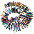 SUNYIK Rainbow Aura Titanium Coated Crystal Points Quartz Polished Sticks Spikes Point Beads 15 inch Strand Drilled - color: #3-Rainbow(Polished), size: 0.5"-1.6"