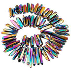 SUNYIK Rainbow Aura Titanium Coated Crystal Points Quartz Polished Sticks Spikes Point Beads 15 inch Strand Drilled - color: #3-Rainbow(Polished), size: 0.5"-1.6"