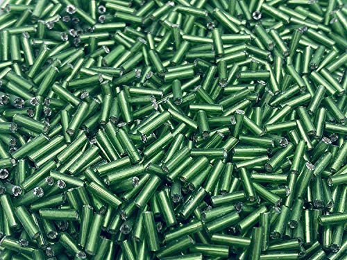 Czech Bugle Beads 40 gr / 1.4 oz Glass Tube Size #3 7mm (Green Silver Lined) - color: Green Silver Lined