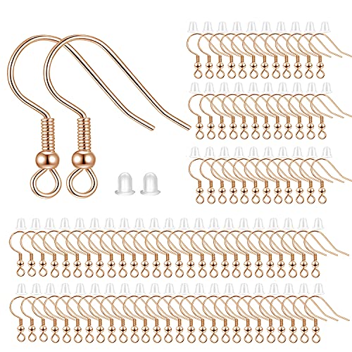 BEADNOVA Fish Hook Earring Hooks 150pcs Earring Findings with Backs for Ear Wire Supplies Ear Posts Making DIY (150pcs Rose Gold Earwires and 150 pcs Backs, Total 300pcs) - color: Rose Gold, size: 150pcs