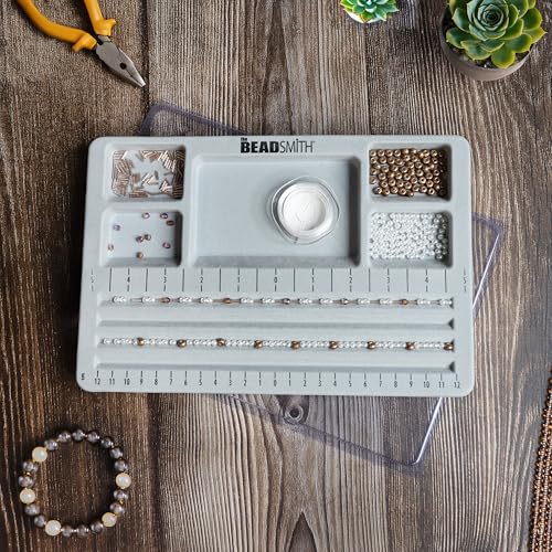 The Beadsmith Mini Bead Board - Grey Flocked, 4 Straight Channels, 5 Recessed Compartments, 7.75 x 11.25 inches, Design Boards for Creating Bracelets, Necklaces and Other Jewelry - size: 4 Straight Channel w/ Cover