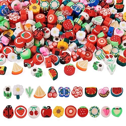 200pcs Polymer Clay Beads Fruit Flower Slice Heishi Beads for Jewelry Making Assorted Apple Peach Dasiy Handmade Spacer Loose Bulk for Spring Friendship Bracelets Keychain DIY - color: Mixed Color-Fruit Flower