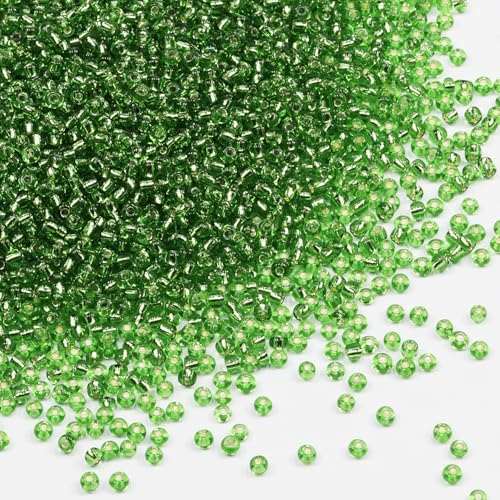 Transparent Green with Silver Lined Beads Size 8/0 Crafts Glass Seed Beads 3mm for Jewelry Making (Total About 100g About 3600pcs) - color: Transparent Green with Silver Lined, size: 3mm