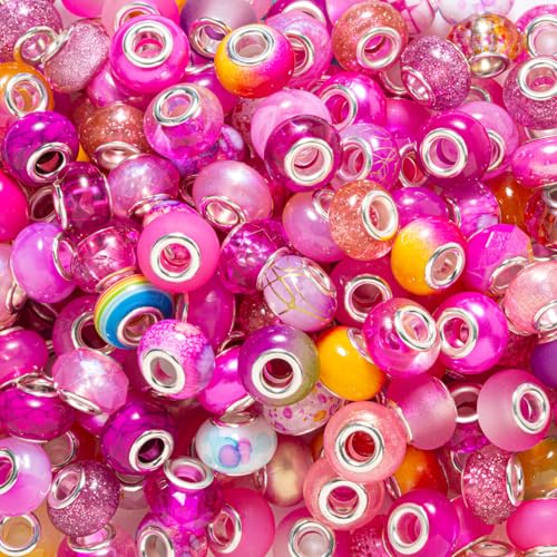 ZHIYUXI 100PCS Pink European Large Hole Assorted Beads Bulk for Jewelry Making Big Hole Spacer Lampwork Murano Beads for Charms Bracelet Making Necklace Pens DIY Craft - color: M-Pink