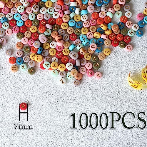 1000Pcs Colourful Acrylic Letter Beads 4x7mm Round Alphabet Beads with Gold Alphabet A-Z for Bracelets Necklace Jewelry Making Supplies（Gold Letter/Pink） - color: 47 gold-color/A